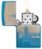 Zippo Feuerzeug 360 Grad poliert blau mit New York Skyline Empire State Building Online Only geöffnet mit Flamme