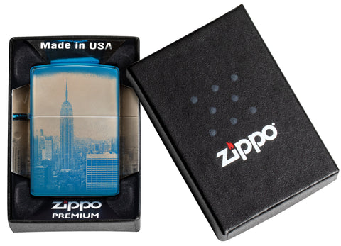 Zippo Feuerzeug 360 Grad poliert blau mit New York Skyline Empire State Building Online Only in geöffneter Premiumbox