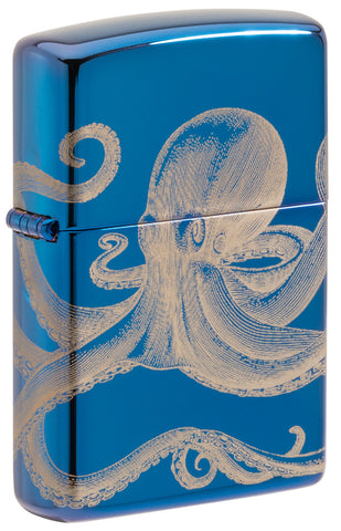 Frontansicht 3/4 Winkel Zippo Feuerzeug Hochglanz Blau 360 Grad Design mit Oktopus Online Only