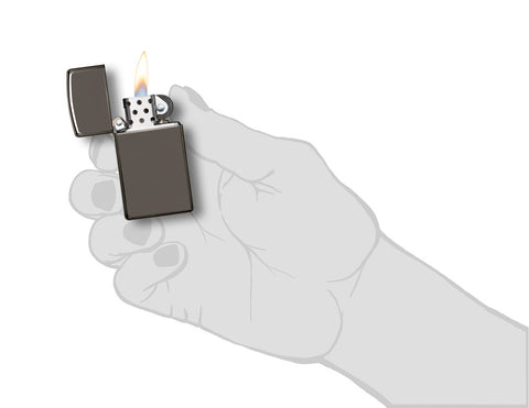 Frontansicht Zippo Feuerzeug Slim Black Ice Basismodell geöffnet mit Flamme in stilistischer Hand