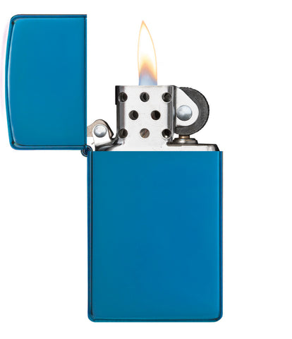 Frontansicht Zippo Feuerzeug Slim Sapphirblau Basismodell geöffnet mit Flamme 