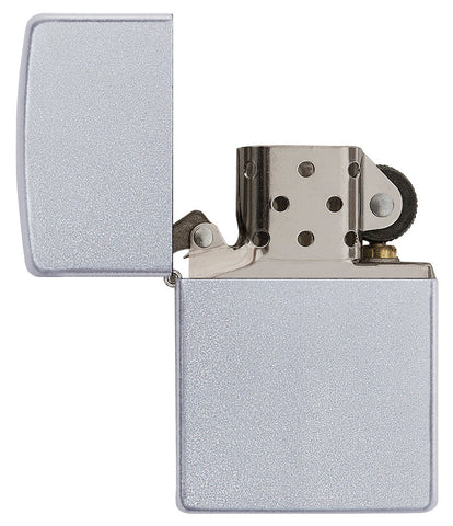 Frontansicht Zippo Feuerzeug Satin Chrome Basismodell geöffnet 