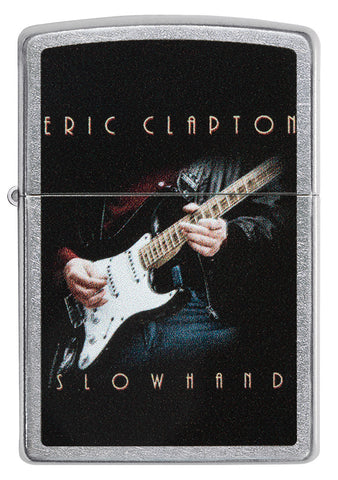 Zippo Feuerzeug Frontansicht verchromt mit farbiger Abbildung von Eric Clapton der Gitarre spielt