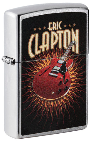 Zippo Feuerzeug Frontansicht ¾ Winkel verchromt mit farbiger Abbildung von einer roten Gitarre von Eric Clapton