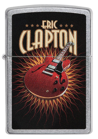 Zippo Feuerzeug Frontansicht verchromt mit farbiger Abbildung von einer roten Gitarre von Eric Clapton