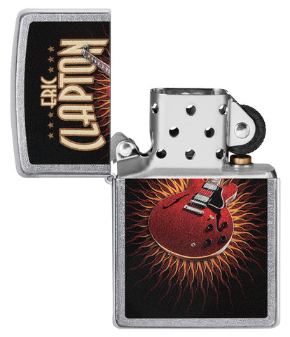 Zippo Feuerzeug Frontansicht verchromt geöffnet mit farbiger Abbildung von einer roten Gitarre von Eric Clapton