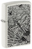 Zippo Feuerzeug Frontansicht ¾ Winkel weiß matt mit Abbildung einer Libelle im Stil der Aborigine Kunst