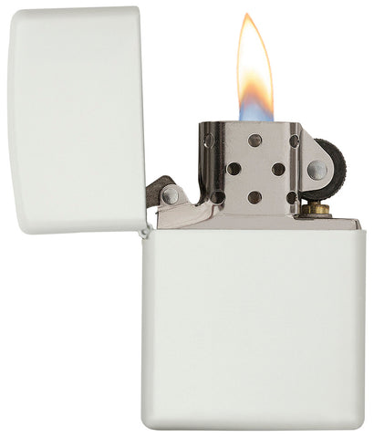 Frontansicht Zippo Feuerzeug Weiß Matt Basismodell geöffnet mit Flamme