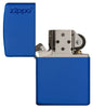 Frontansicht Zippo Feuerzeug Royalblau Matt Basismodel mit Zippo Logo geöffnet