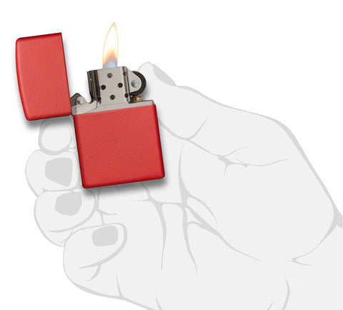Frontansicht Zippo Feuerzeug Red Matte Basismodell geöffnet mit Flamme in stilistischer Hand