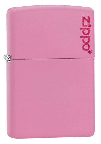 Frontansicht 3/4 Winkel Zippo Feuerzeug Pink Matte Basismodell mit Zippo Logo