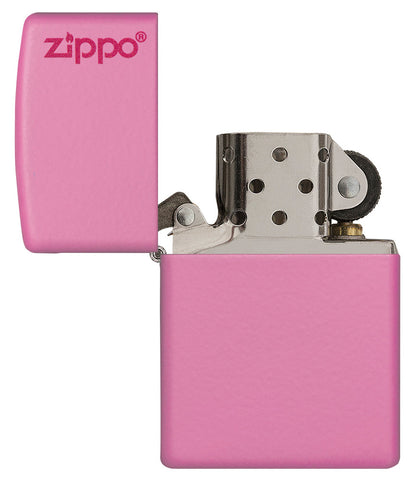 Frontansicht Zippo Feuerzeug Pink Matte Basismodell mit Zippo Logo geöffnet 