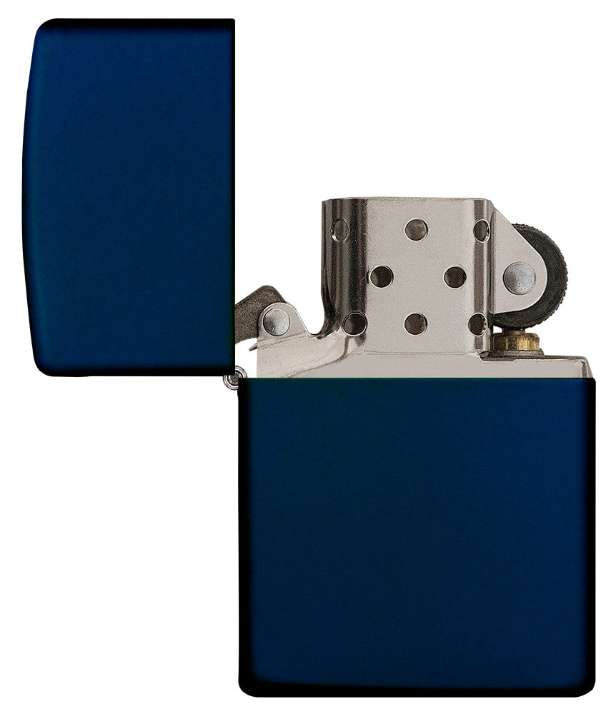 Frontansicht Zippo Feuerzeug Navy Blue Matte Basismodell geöffnet 