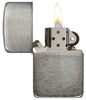 Zippo Feuerzeug 1941 Replica Black Ice® Frontansicht geöffnet und angezündet in glänzender anthrazit Optik