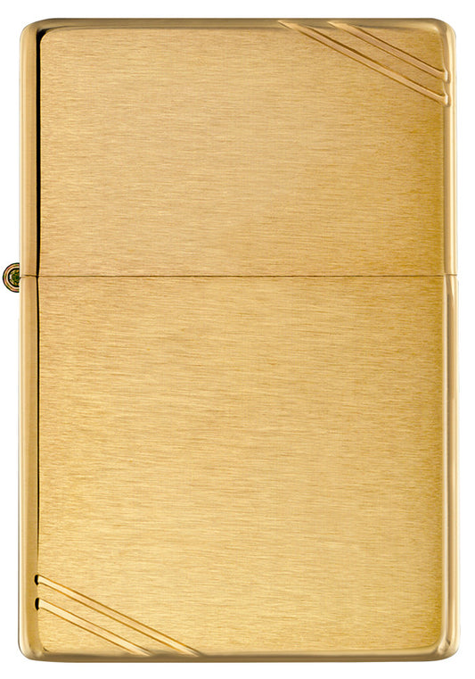 Frontansicht Zippo Feuerzeug Vintage Brass Brushed mit dekorativen Schrägstrichen an beiden Ecken