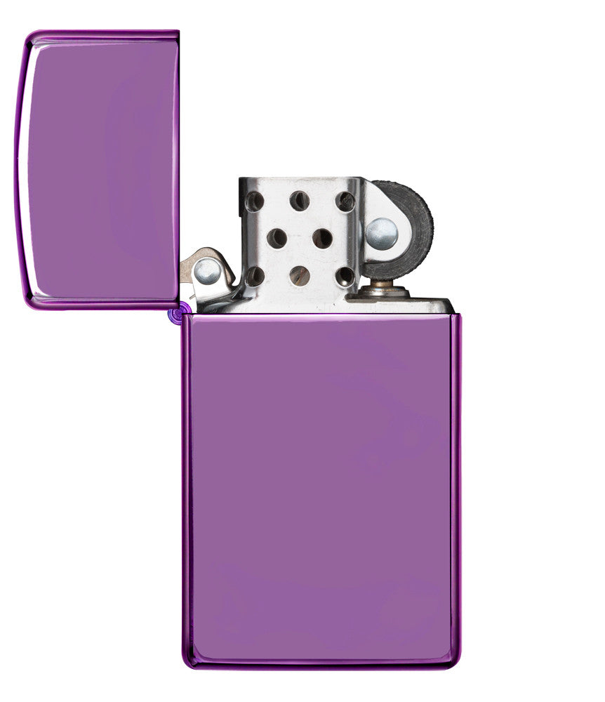 Frontansicht Zippo Feuerzeug Slim High Polish Lila Basismodell geöffnet
