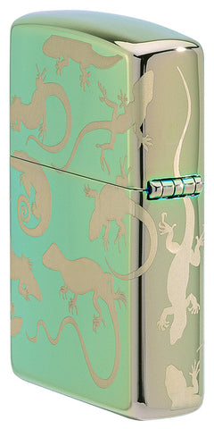 Seitenansicht Rückseite Zippo Feuerzeug 360 Grad Design in Hochglanz Grün mit vielen Geckos