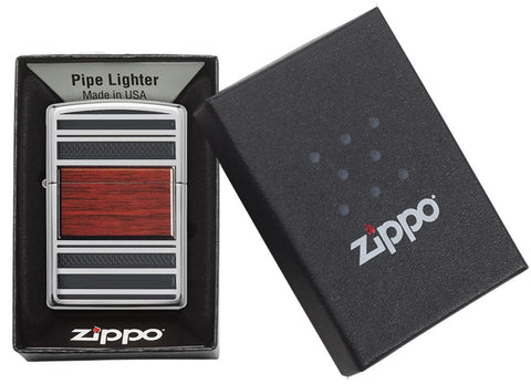 28676, Wooden Stripes Pipe Lighter, Emblem, High Polish Chrome Finish