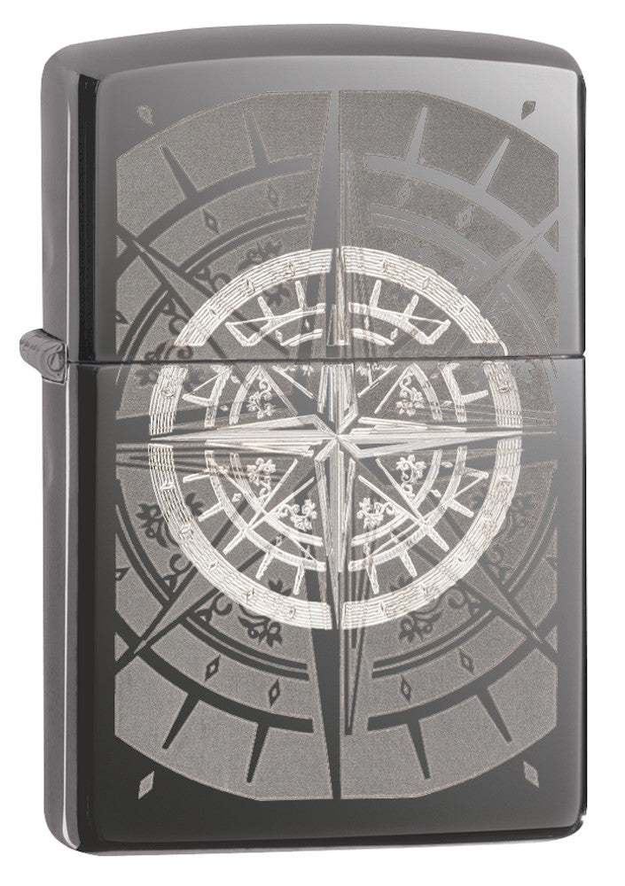 Frontansicht 3/4 Winkel Zippo Feuerzeug Black Ice mit Kompass