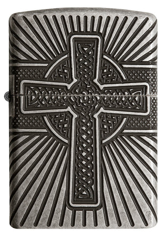 Zippo Feuerzeug Frontansicht Armor® Antiksilber mit tiefer Gravur von einem Kreuz mit Heiligenschein