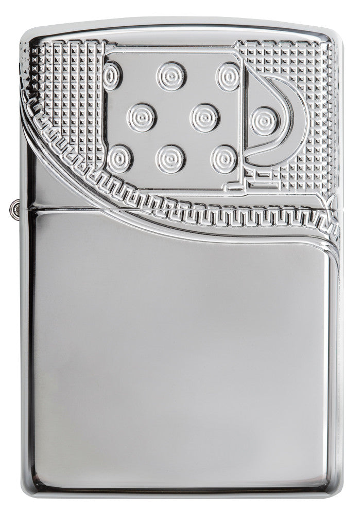 Frontansicht Zippo Feuerzeug chrom Hochglanz tief eingravierter Zippo Feuerzeug Schornstein mit Reißverschluss
