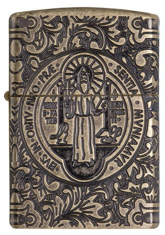 Zippo Feuerzeug Frontansicht Sankt Benedikt aus antikem Messing mit tiefen floralen Gravurenmuster