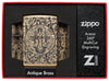 Zippo Feuerzeug Sankt Benedikt aus antikem Messing mit tiefen floralen Gravurenmuster in offener Luxusgeschenkbox
