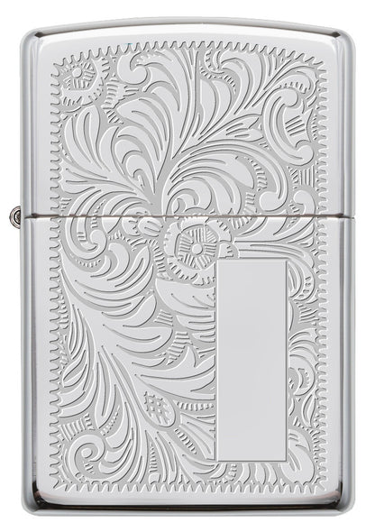 Frontansicht Zippo Feuerzeug High Polish Chrome mit venezianischem Design und Initialplatte