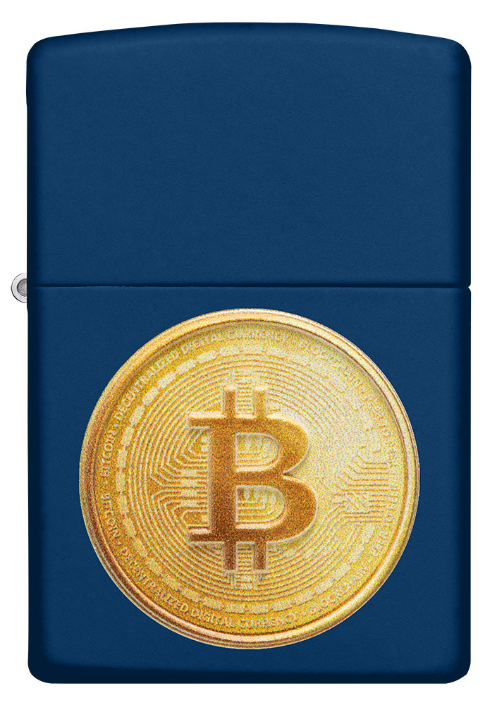 Zippo Feuerzeug Frontansicht in marineblau mit texturierter Abbildung von einem Bitcoin