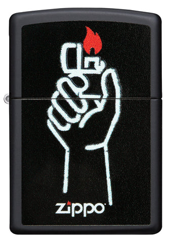Zippo Feuerzeug Frontansicht schwarz matt mit Abbildung von Zippo Feuerzeug in einer Hand und Zippo Logo