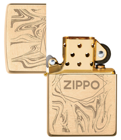 Zippo Feuerzeug gebürstetes Messing in Marmoroptik mit Logo geöffnet ohne Flamme