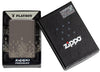 Zippo Feuerzeug Black Ice® mit Playboy Hasenköpfen und Wirbeln in geöffneter Premiumgeschenkdose