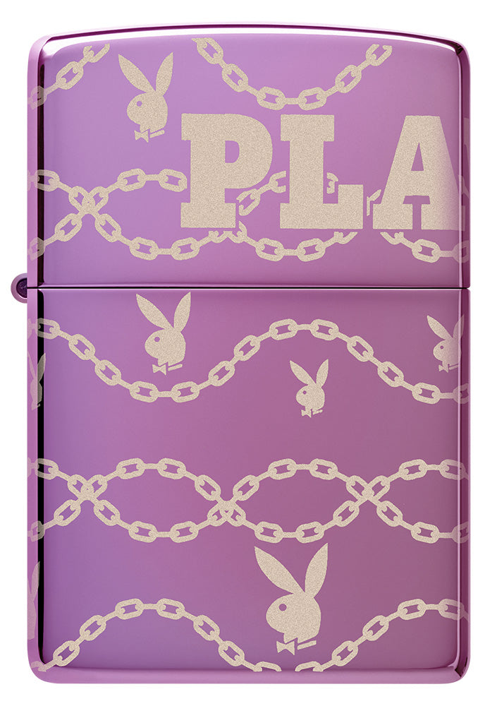 Zippo Feuerzeug Frontansicht hochglänzend lila mit umhüllenden Playboybunny und schwingenden Kettengliedern