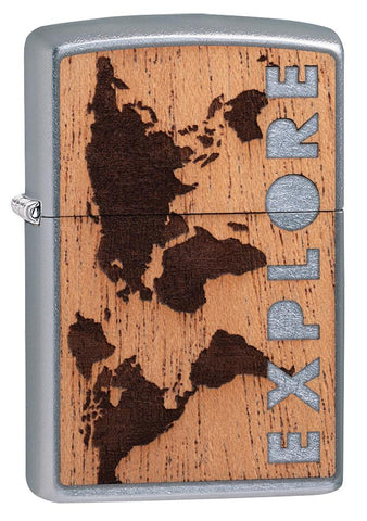 Frontansicht 3/4 Winkel Zippo Feuerzeug Chrome Woodchuck Landscape