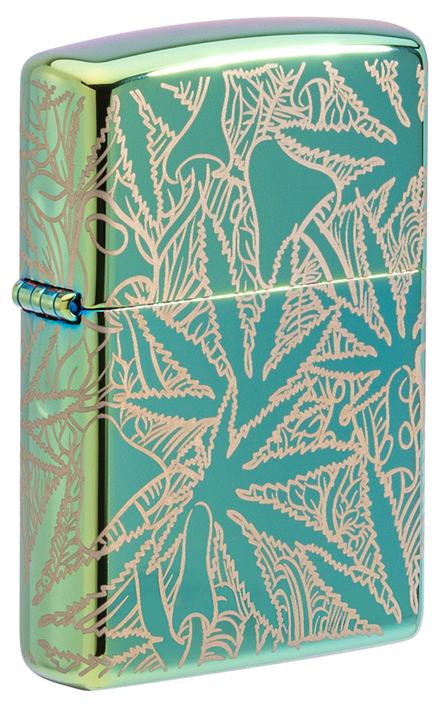 Frontansicht 3/4 Winkel Zippo Feuerzeug 360 Grad Design Hochglanz Grün mit Hanfblättern und Pilzen