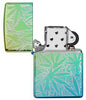  Zippo Feuerzeug 360 Grad Design Hochglanz Grün mit Hanfblättern und Pilzen geöffnet ohne Flamme