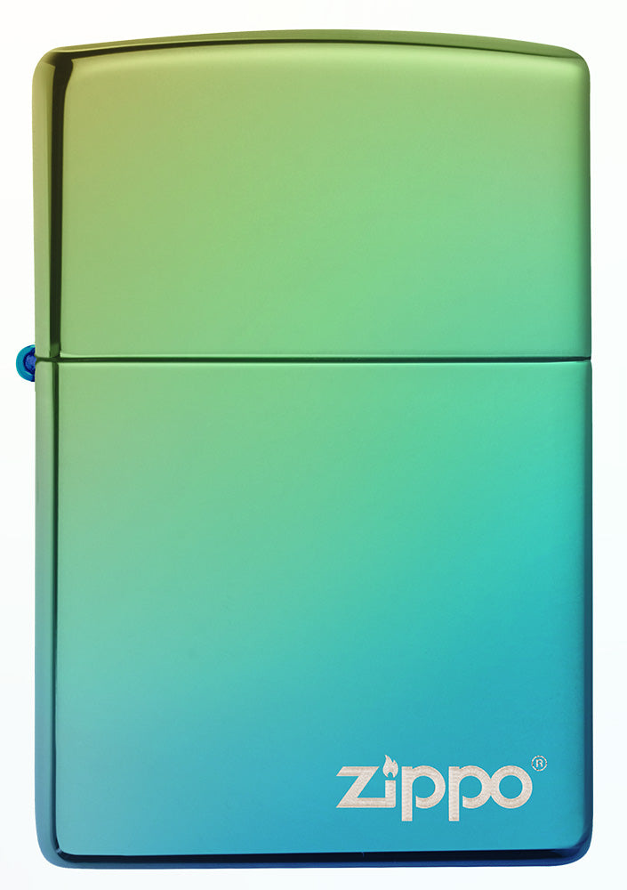 Frontansicht Zippo Feuerzeug Hochglanz grün blau mit Zippo Logo
