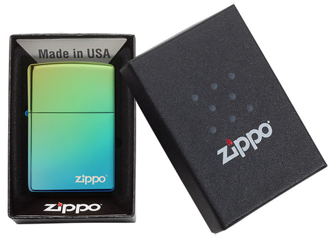 Zippo Feuerzeug Hochglanz grün blau mit Zippo Logo in geöffneter Box