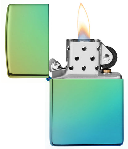  Zippo Feuerzeug Hochglanz grün blau geöffnet mit Flamme