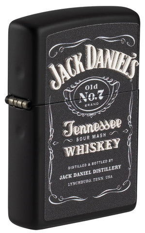 Frontansicht 3/4 Winkel Zippo Feuerzeug schwarz matt mit Jack Daniel's Logo