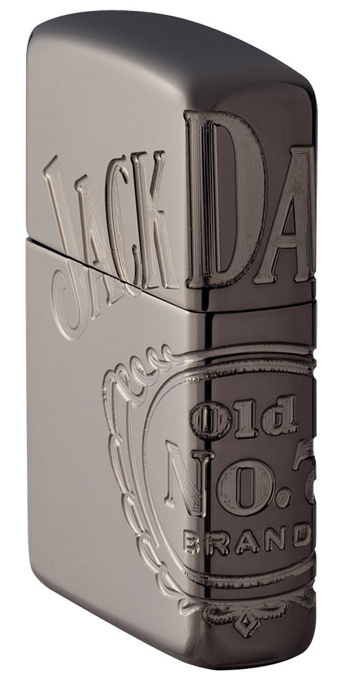 Seitenansicht Front Zippo Feuerzeug grau glänzend mit Jack Daniel's Logo über drei Seiten