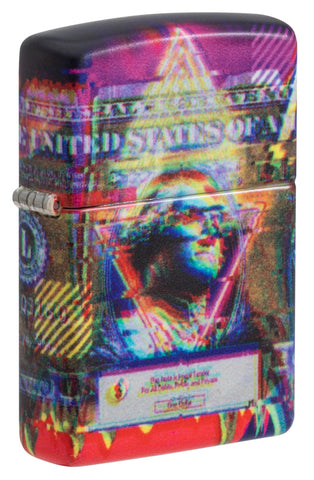 Zippo Feuerzeug Frontansicht ¾ Winkel weiß matt mit farbiger 540° Abbildung von einem Dollar Schein mit Gesicht von George Washington in Error Muster Optik