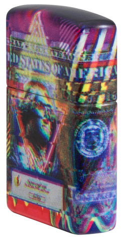 Zippo Feuerzeug Seitenansicht ¾ Winkel weiß matt mit farbiger 540° Abbildung von einem Dollar Schein mit Gesicht von George Washington in Error Muster Optik