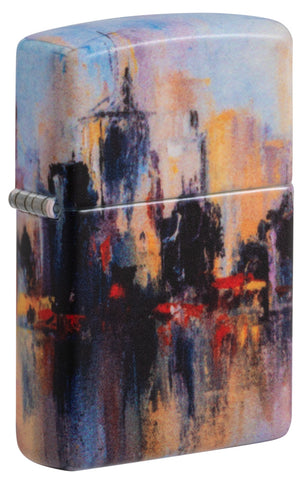 Zippo Feuerzeug Frontansicht ¾ Winkel weiß matt mit 540° Abbildung von einer bunten städtischen Skyline im Stil eines Gemälde