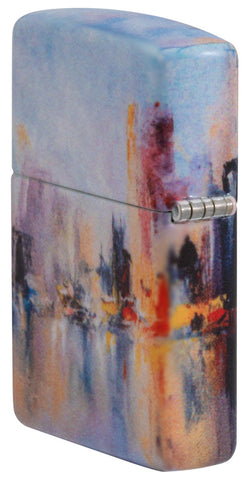 Zippo Feuerzeug Seitenansicht ¾ Winkel weiß matt mit 540° Abbildung von einer bunten städtischen Skyline im Stil eines Gemälde