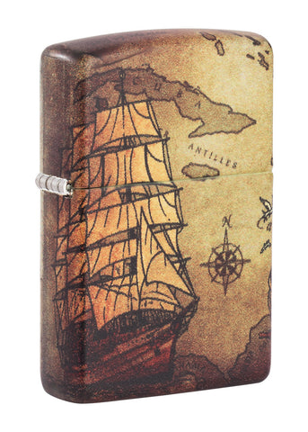 Frontansicht 3/4 Winkel Zippo Feuerzeug White Matte 540° Color Image mit Piratenlandkarte und Schiff
