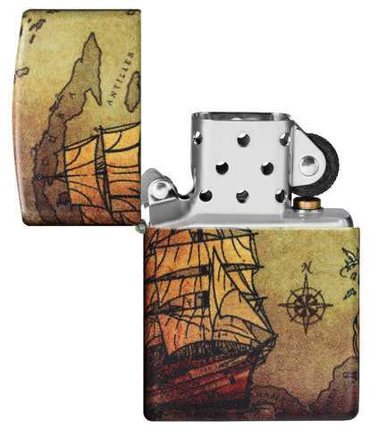 Frontansicht Zippo Feuerzeug White Matte 540° Color Image mit Piratenlandkarte und Schiff geöffnet