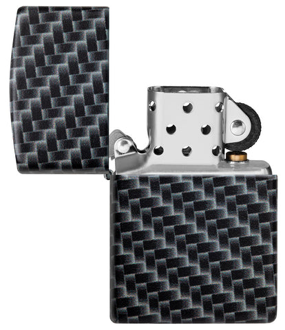 Zippo Feuerzeug Frontansicht weiß matt geöffnet mit 540° Abbildung von Rechteckeckigen Kacheln als Muster in schwarz weiß grau