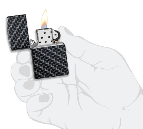 Zippo Feuerzeug Frontansicht weiß matt geöffnet und angezündet mit 540° Abbildung von Rechteckeckigen Kacheln als Muster in schwarz weiß grau in stilisierter Hand