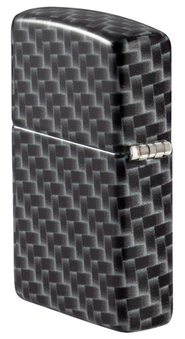 Zippo Feuerzeug Rückansicht ¾ Winkel weiß matt mit 540° Abbildung von Rechteckeckigen Kacheln als Muster in schwarz weiß grau